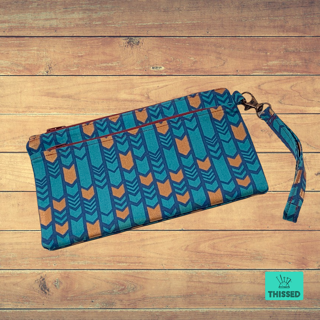 Double-zip Wristlet- Blue & Gold